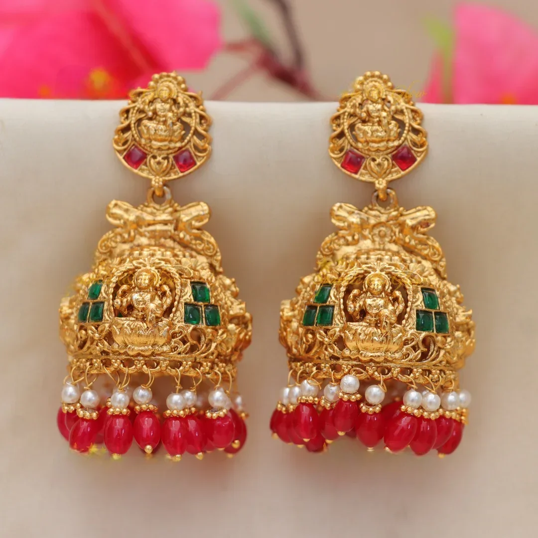 Lakshmi Temple Kemp Jhumkas - Red